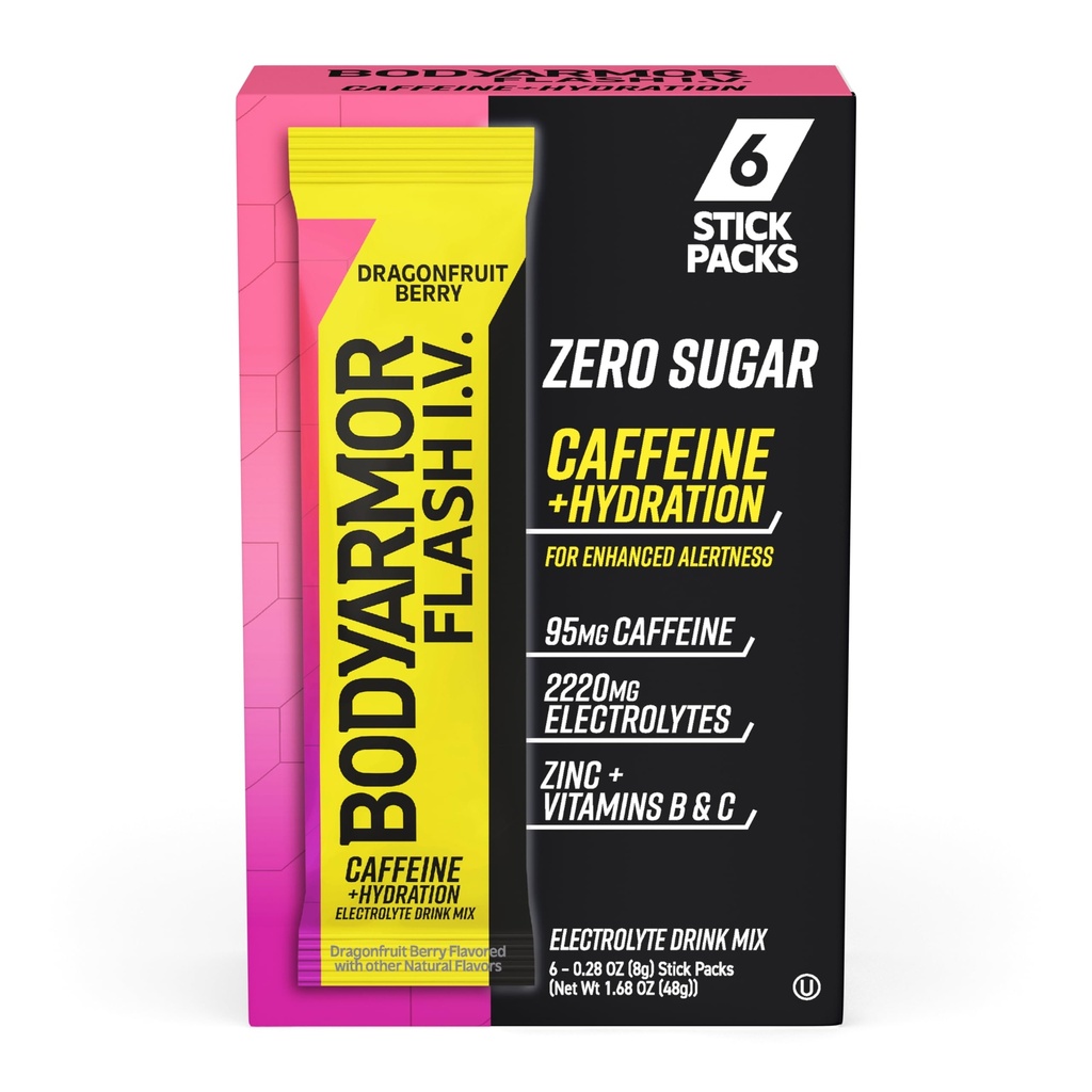 BODYARMOR Cafeinate Flash I.V. Pachete electrolitice - Fructe de dragon Berry - Zero Sugar Energy Drink Mix, Pachete de unică servire, Hidratare pentru Pre Workout, Essentials de călătorie, Lifestyle activ (6 Conte)