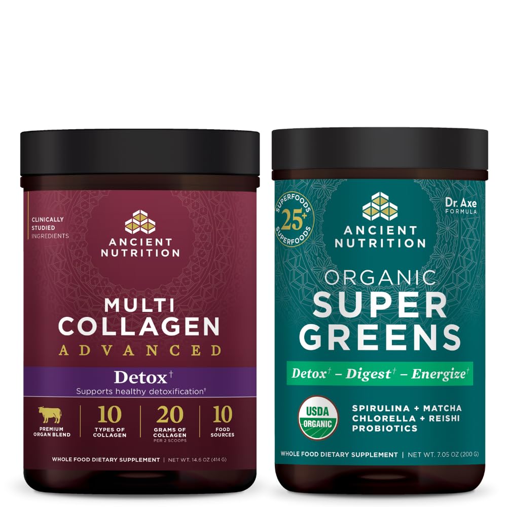 Nutritie antica Multi Colagen Pulbere avansata Curatenie & dezintoxicare, Nearomatizate, 36 Serviri + SuperGreene organice pulbere, Greens Aroma, 25 Serviri