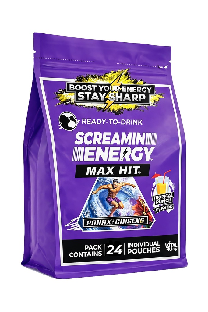 Screamin Energy Max Hit Tropical Punch Flavor - Putere maximă Sugar Free Energy Shot cu ginseng, B Vitamine, și Cofeina - 24 Conte