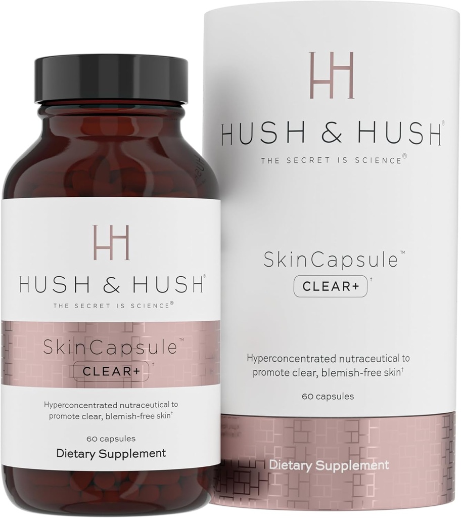Hush & Hush SkinCapsuleTM Clear+, Suplimentul de îngrijire a pielii, Vegan, Tratamentul acnee pentru fata, Suplimente curat nutraceutice care conține vitamina A, Turmeric, Root Dandelion, Zinc - 60 capsule