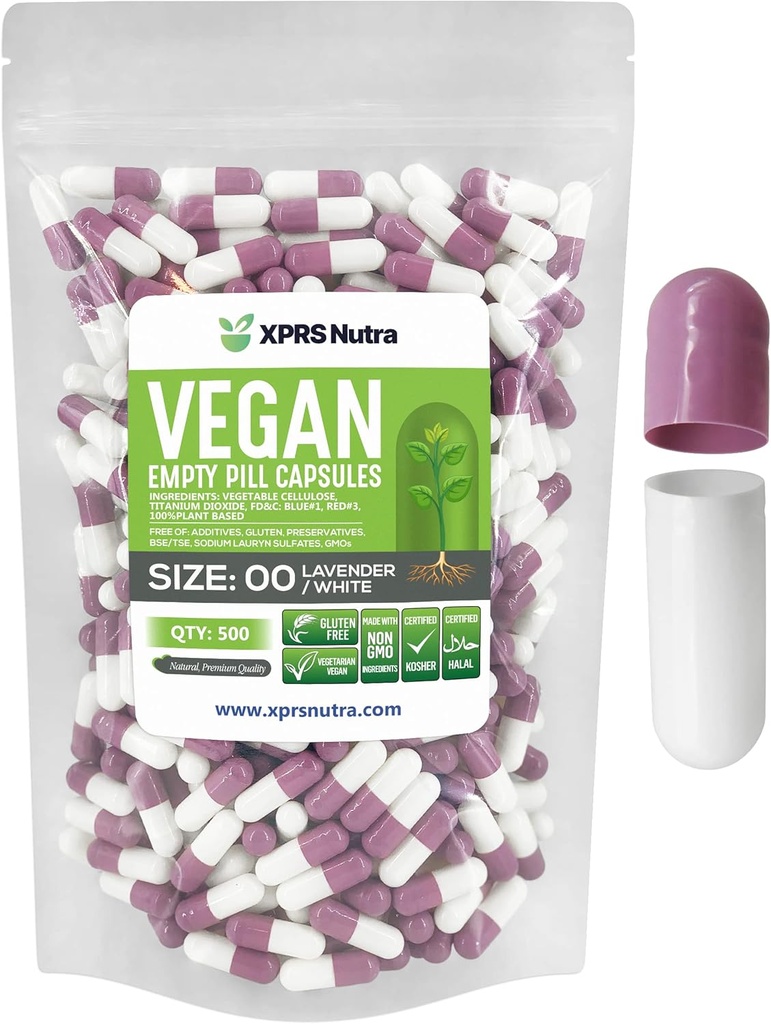 XPRS Nutra Size 00 Empty Capsules - 500 Count Empty Vegan Capsules - Vegetarian Empty Pills - DIY Vegetable Capsule Filling- Veggie Pill Caps (Lavender/White)