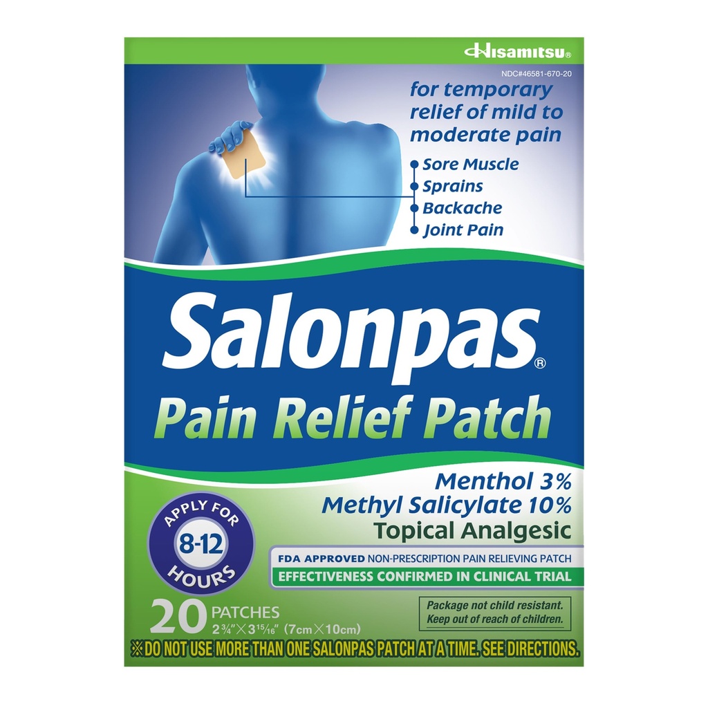 Salonpas Pain Relief Patch, 20 Count (Pack of 1), până la 12 Ore Relief temporar de durere ușoară la moderată, dureri de spate, dureri musculare, luxații, vânătăi