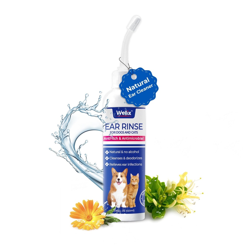 Wellix 120ml Cleaner ureche pentru câine și pisică - Tratamentul infecției urechii fără iritație - Dog Uree Wash pentru Mâncărime și inflamație Soothing - Ceară ureche, picături de pulbere și de îndepărtare Odor