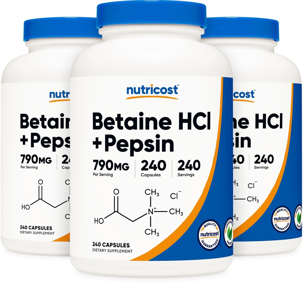 Nutricost Betaine HCl + Pepsin 790 mg, 240 capsule, 3 flacoane (720 capsule)