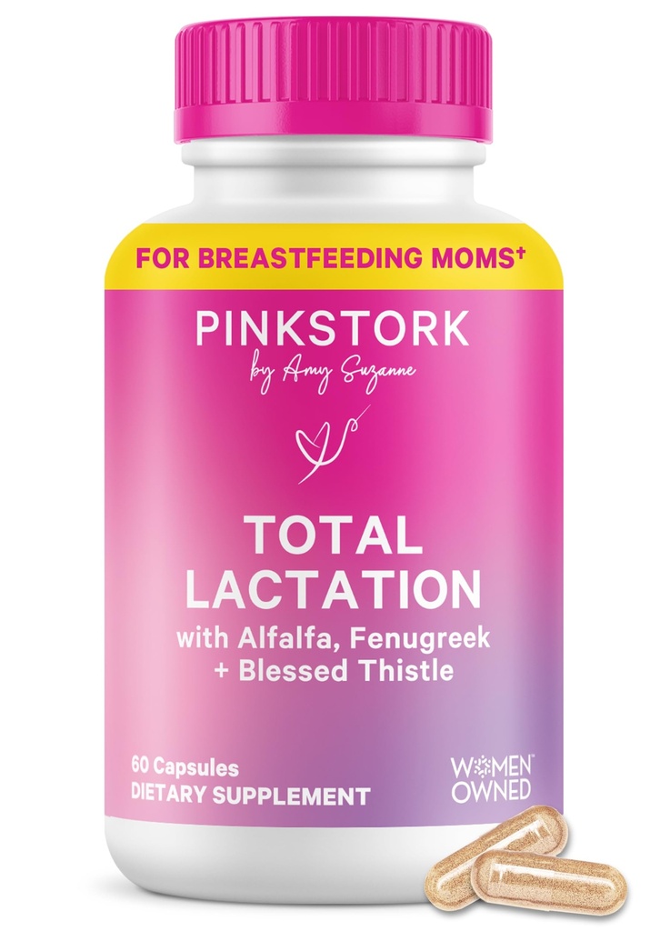 Pink Stork Total Alăptarea Supliment pentru alimentarea cu lapte de sân, Schinduf organic și Alfalfa pentru a sprijini alaptarea, fluxul de lapte și producția, Postpartum Essentials - 60 Capsule