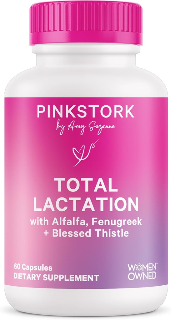 Pink Stork Total Alăptarea Supliment pentru alimentarea cu lapte de sân, Schinduf organic și Alfalfa pentru a sprijini alaptarea, fluxul de lapte și producția, Postpartum Essentials - 60 Capsule