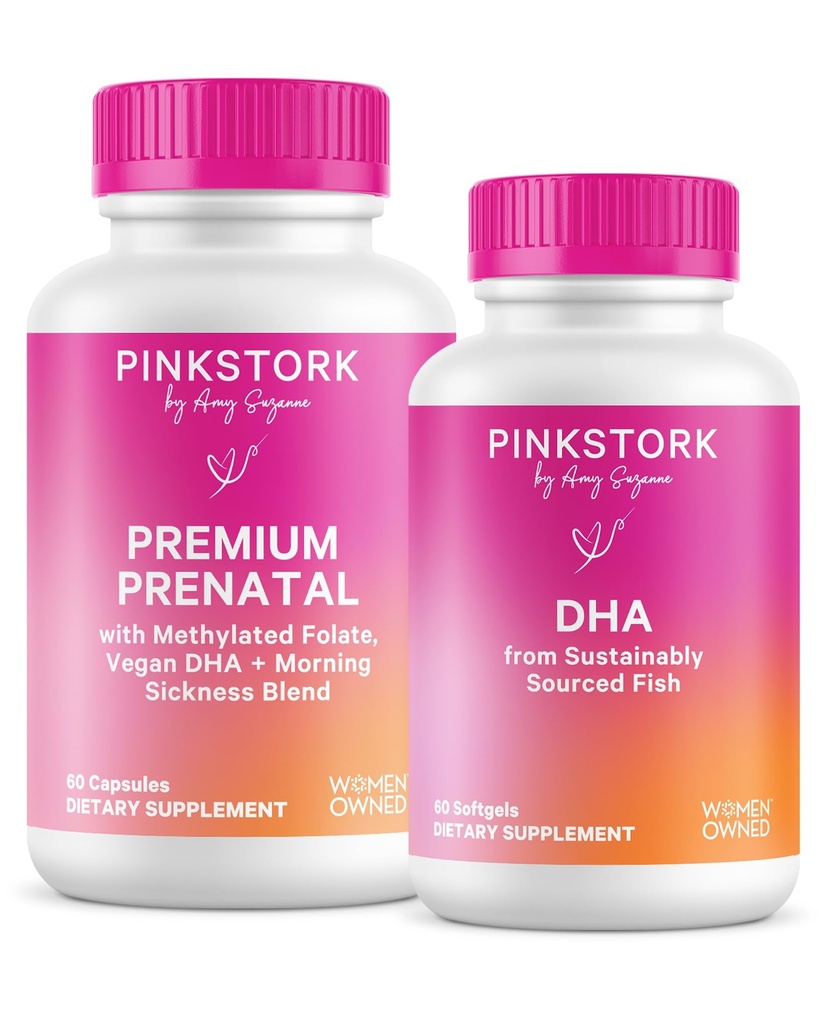Pink Stork Prenatal Duo: Vitamina prenatală Premium + DHA, Probiotice prenatale pentru femei, Omega 3 + Ulei de pește, Vitamina prenatală cu DHA și Acid folic, Femei-Owned