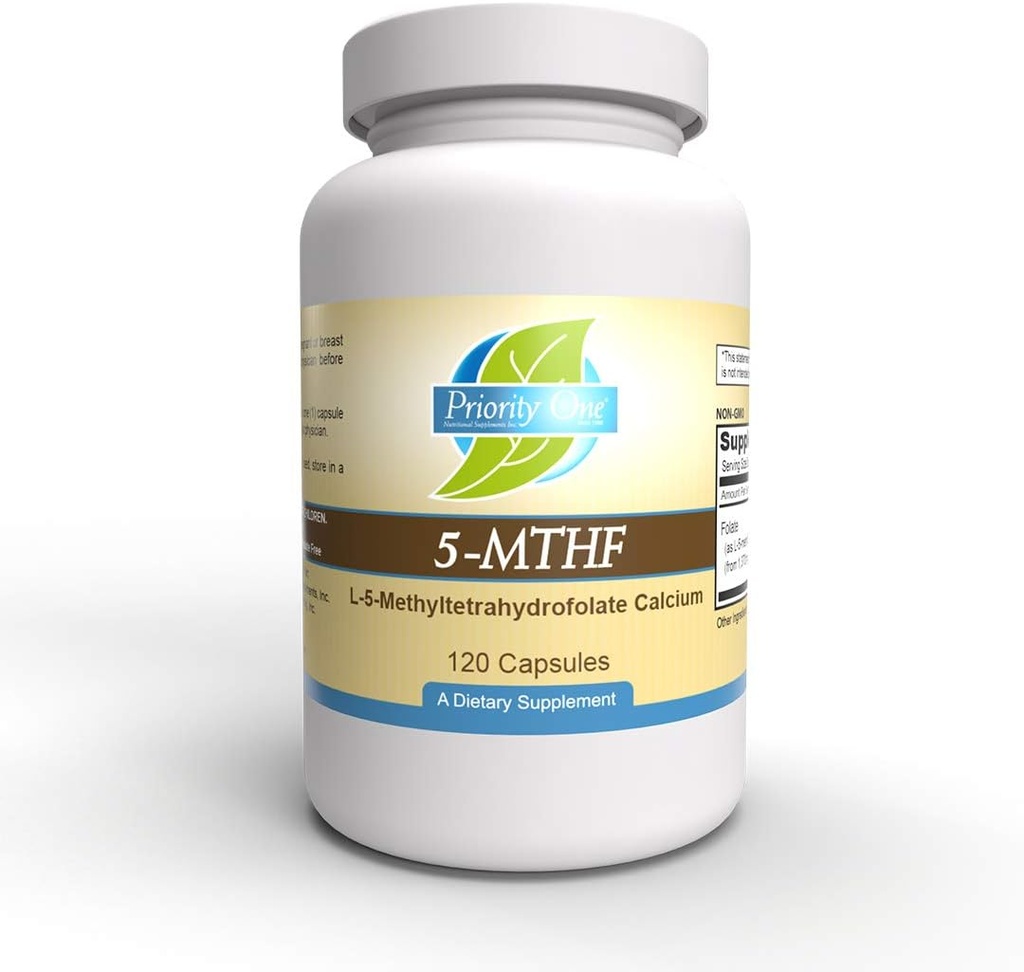 Priority One Vitamins 5-MTHF 1mg Supplement Folate Biodisponibil Forma activă Vitamina B9 120 Capsule vegetariene [6]-5-metiltetrahidrofolat metilation