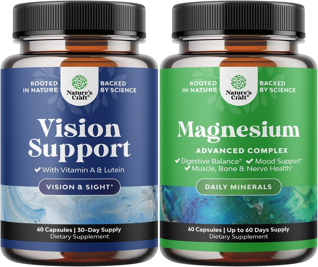 Bundle of complete eye Health Supplement for Adulți pentru vedere presiune ochi uscaţi şi protecţie albastru lumină şi mare absorbţie Complex de magneziu Supliment pentru digestia stomacului şi suport mood