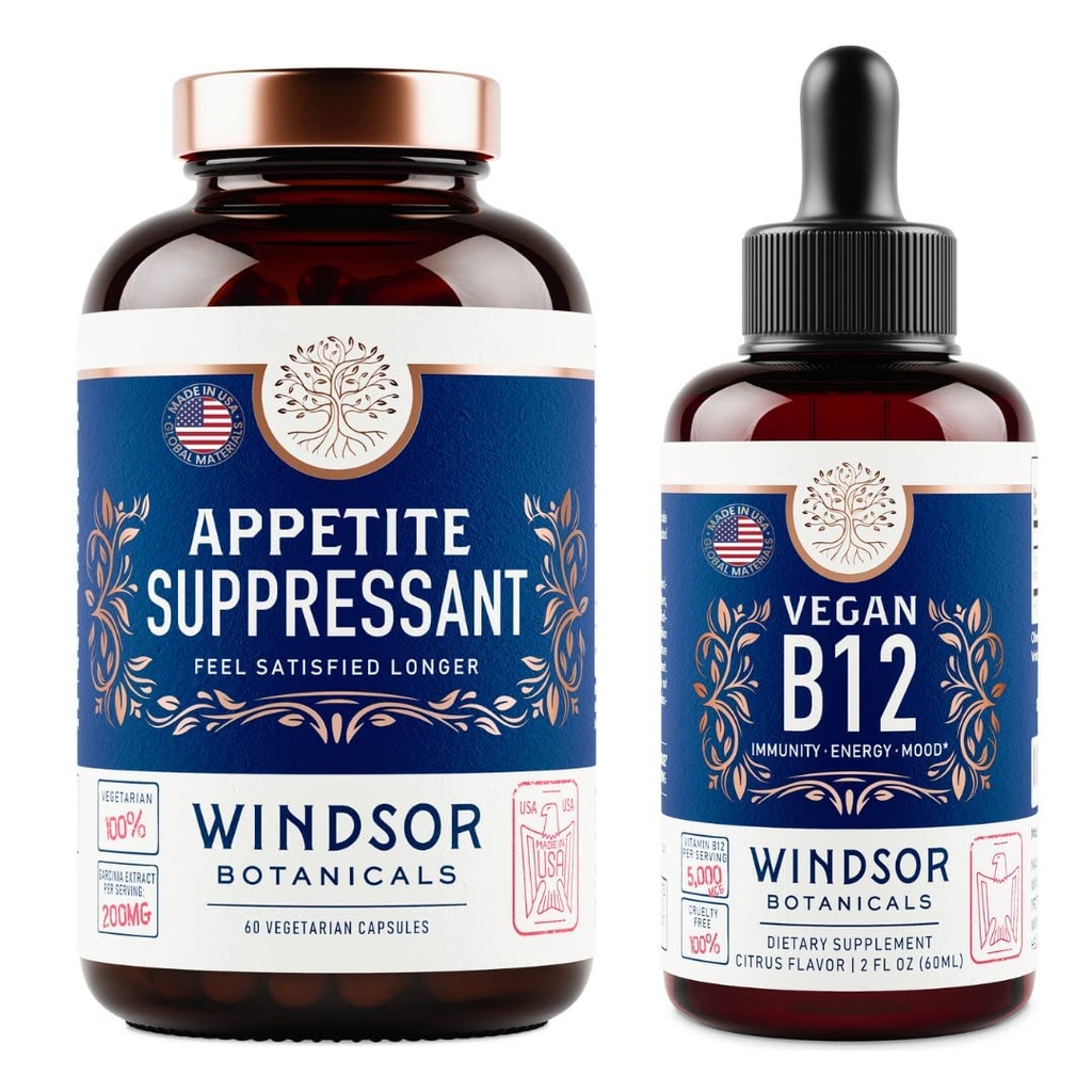 WINDSOR BOTANICA Suppressant de apetit pentru pierderea in greutate si Vegan B12 lichid Bundle