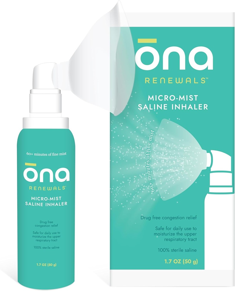 ONA Reînnoiri Inhalator Micro-Mist nazal salin, Ajutor de congestie pentru adulți, Rece și gripă, Alergie, Sinus Relief, Nesolicitat, 1.7oz