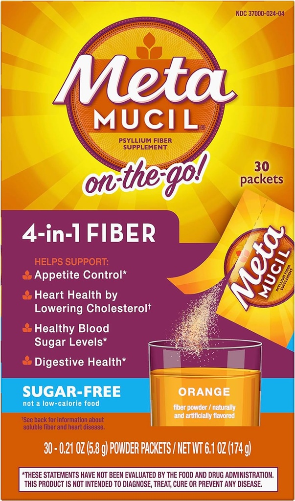 Metamucil Fiber 4-in-1 Psyllium Fiber Supplement Sugar-Free Powder Single-Serve Packets Orange Flavored Drink 2 Cutii de 30 Pachete (OLD)