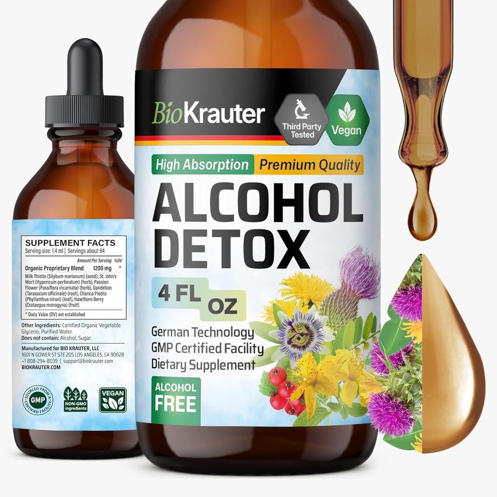 BIO KRAUTER Alcool dezintoxicare Tinctură - Liver Cleanse Formula - Milk Thistle & Dandelion - Extract lichid de detoxifiere hepatică - Alcool și zahăr gratuit - Picături Vegan 4 Fl.Oz.