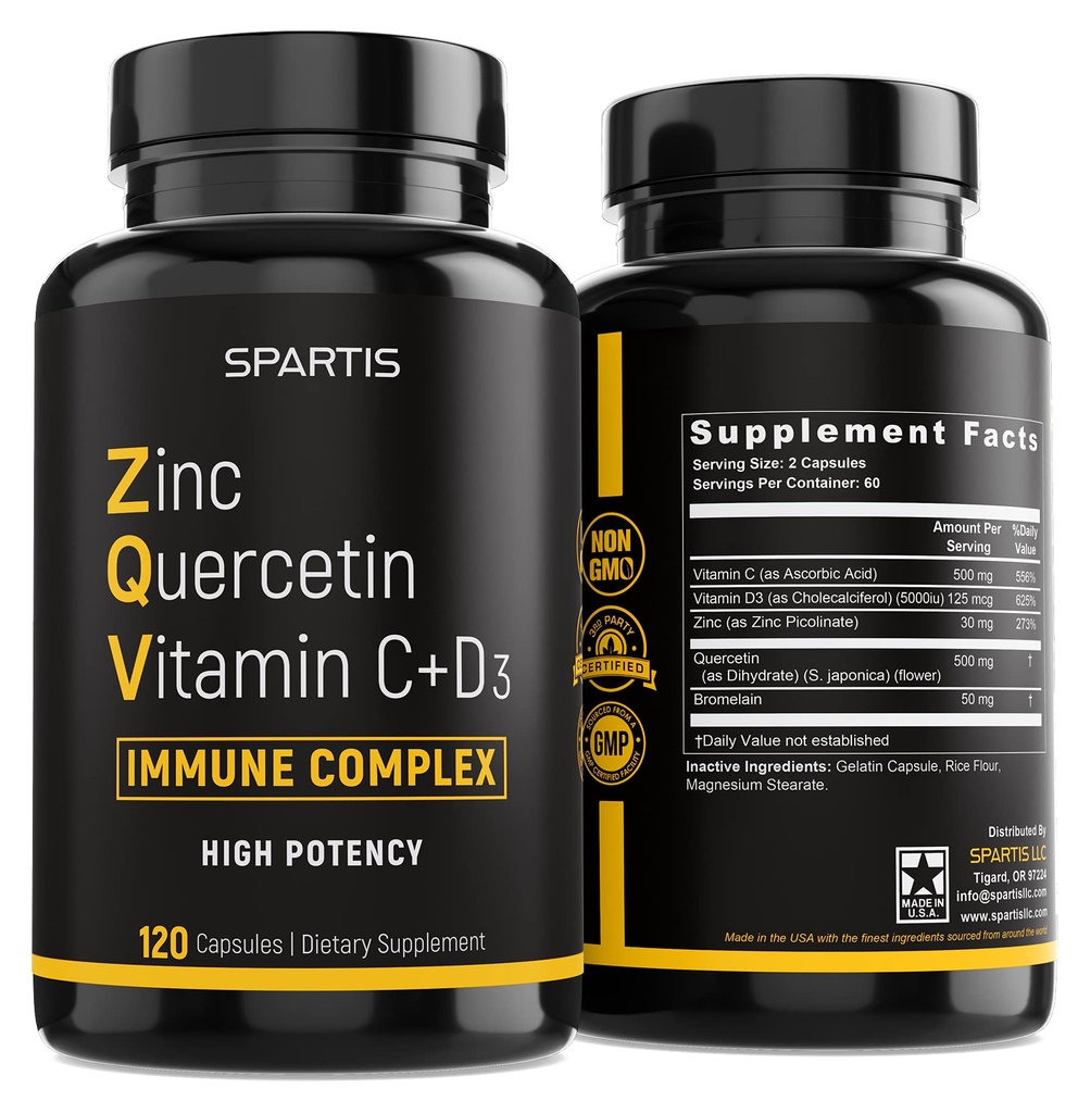 Zinc Querbetin 500 mg cu vitamina C Vitamina D3 Bromelain Immune Support mare potenta Querbetin Zinc Supliment ZQV de SPARTIS (Pachet de 1 flacon la 120-Caps)