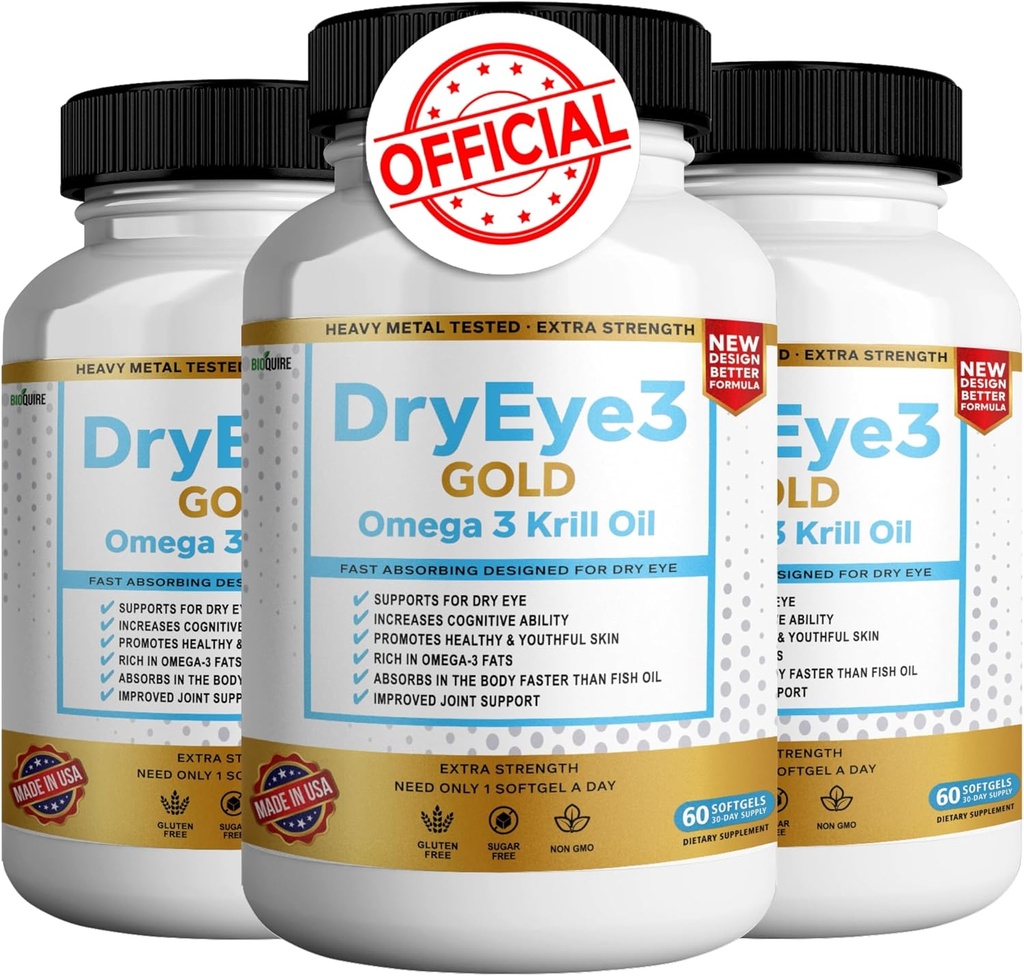 Ochi uscat 3 Omega de aur 3 Krill Oil Extra Putere, 60 Softgels, suport ochi uscat, non-GMO, Gluten gratuit, Sugar Free (3)