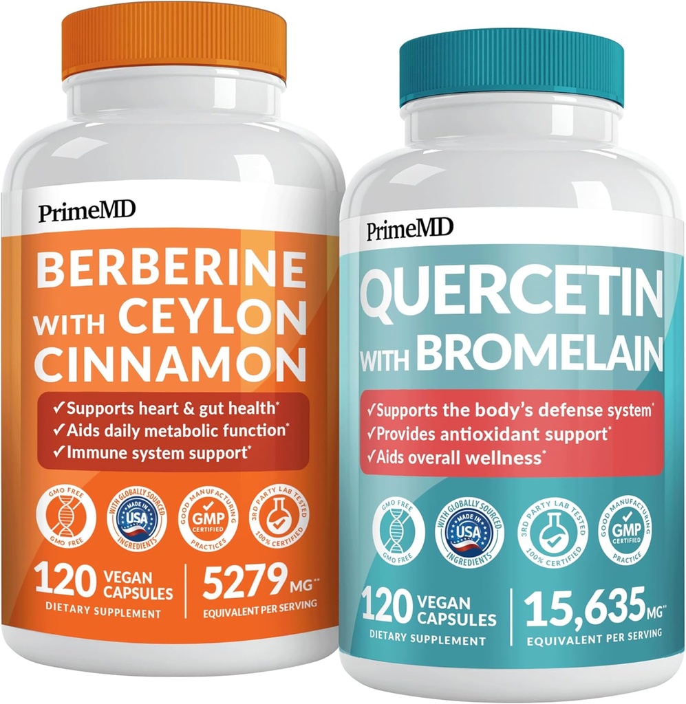 21-in-1 Berberine Supliment cu Ceylon Cinnamon Crom, Bitter Melon şi extract de ceai verde (120 ct) & 28-in-1 Querbetin cu Bromelain Supliment pentru Suport de apărare imună (120 ct)