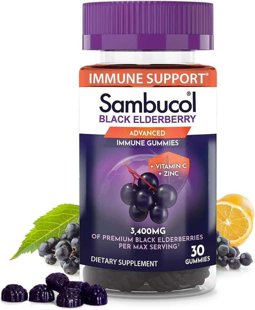 Sambucol Black Elderberry Gummies - Elderberry cu zinc şi vitamina C pentru adulţi, Sambucus Gummies, Immune Support - 30 Conte