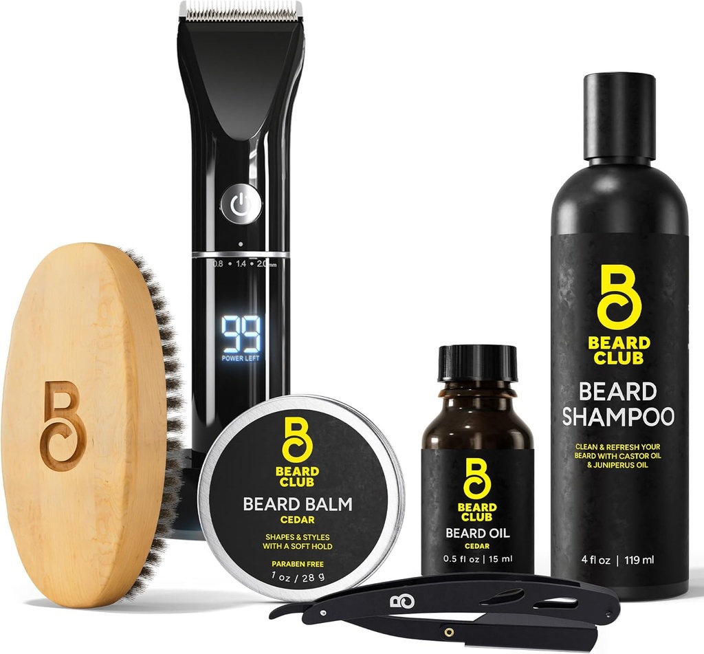 Barbă Club Grooming Bundle: Trimmer pentru bărbați și Kit de îngrijire - Include Trimmer electric fără fir, Edge Razor drept, Șampon, Cedar Balm & Oil, Brush - 8 Ghiduri, 45 Lungime