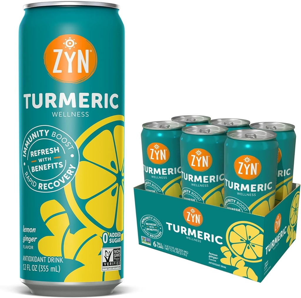 ZYN Turmeric Wellness Drink (6 Pack), Lemon Ginger Aromat Turmeric Curcumin băutură cu Pepper negru, fără adaos de zahăr, carbohidrați scăzut și băuturi calorii, Alternative curate