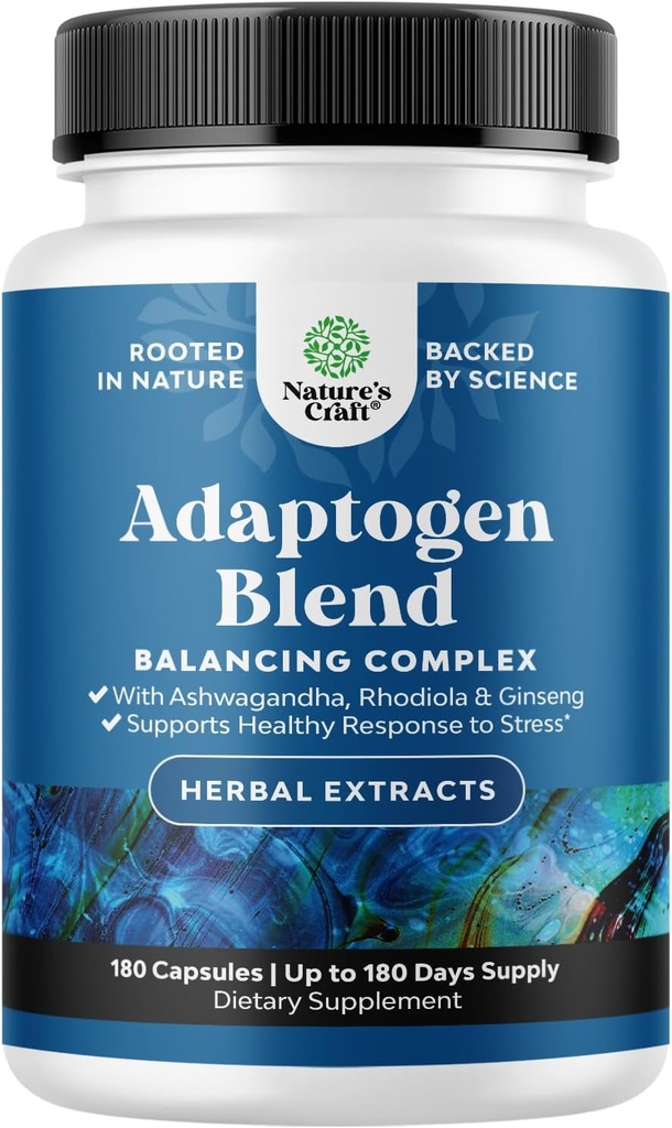Herbal Adaptogen Mood Supplement - Calmant Adaptogens Supliment pentru Stres & Cortisol Management cu Ashwagandha Rhodiola Rosea & Maca Root - Vegan Non OMG & Daytime Friendly -180ct