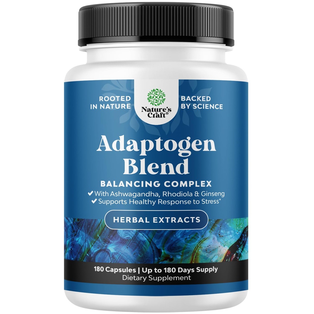 Herbal Adaptogen Mood Supplement - Calmant Adaptogens Supliment pentru Stres & Cortisol Management cu Ashwagandha Rhodiola Rosea & Maca Root - Vegan Non OMG & Daytime Friendly -180ct
