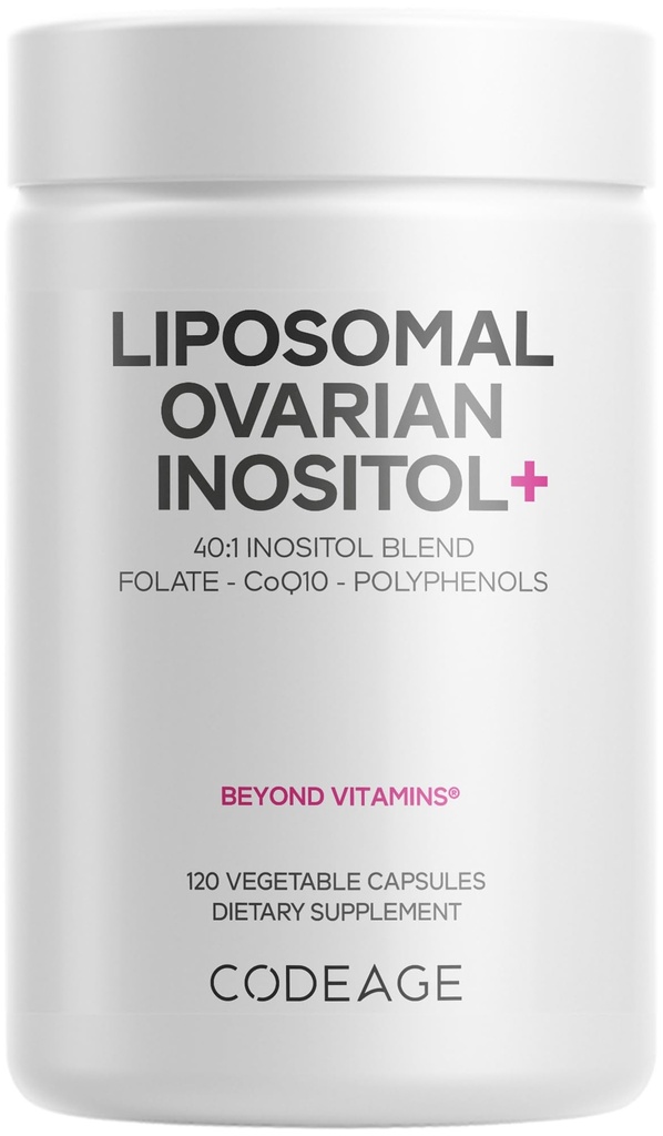 Codeage Inozitol ovarian lipozomal + Supliment - Myo-Inositol & D-Chiro-Inositol 40:1 Blend, Folat 5-MTHF, CoQ10, rodie & afine sălbatice, Livrare lipozomală, non-GMO, gluten-free - 120 capsule
