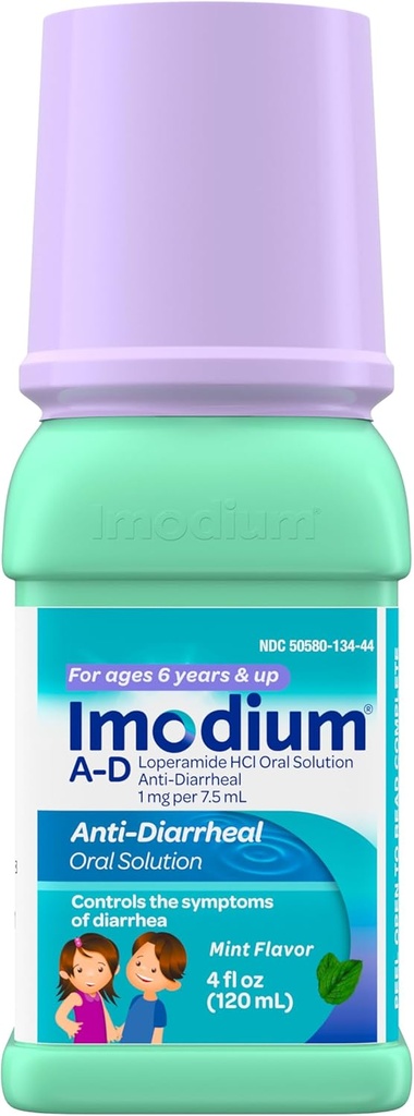 Imodium A-D pentru copii Medicină lichidă anti-Diareică cu HCl de Loperamidă, Soluţie orală pentru tratamentul diareei Simptom & Control pentru copii Vârsta 6+, Aroma de mentă, 4 fl. oz