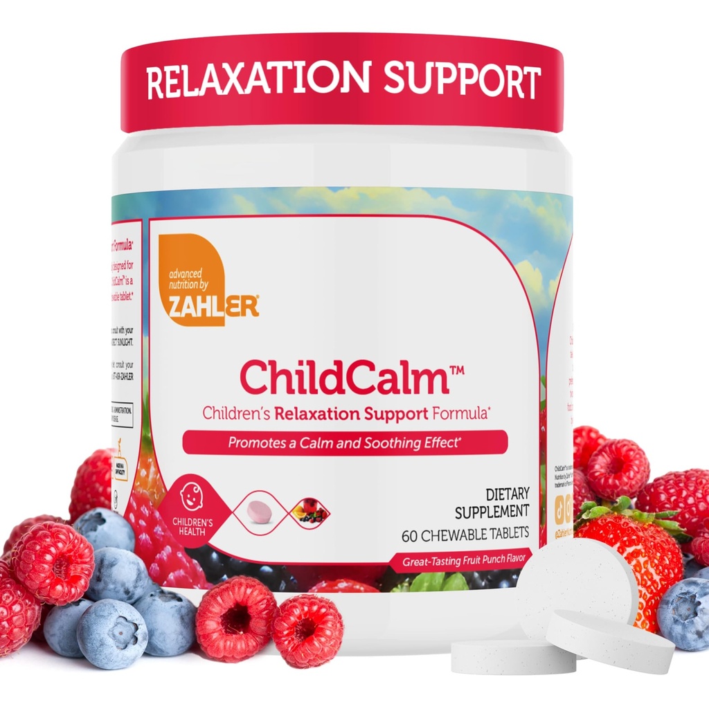 Zahler ChildCalm, Kosher Fruit Punch Magneziu masticabil pentru copii - Calm natural, suport de stare de spirit, și relaxare - Calmant pentru copii Supliment de magneziu pentru copii Magneziu, 60 comprimate