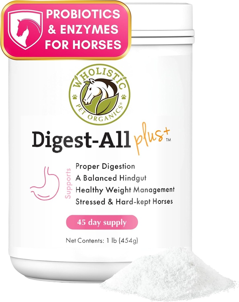 Wholistic Pet Organics Digest-Toate Plus: Cai Probiotice pulbere - 1 Lb - Probiotice equine și prebiotice cu enzime digestive - Equine Suplimente digestive pentru gaz, constipație și sănătate gutoasă