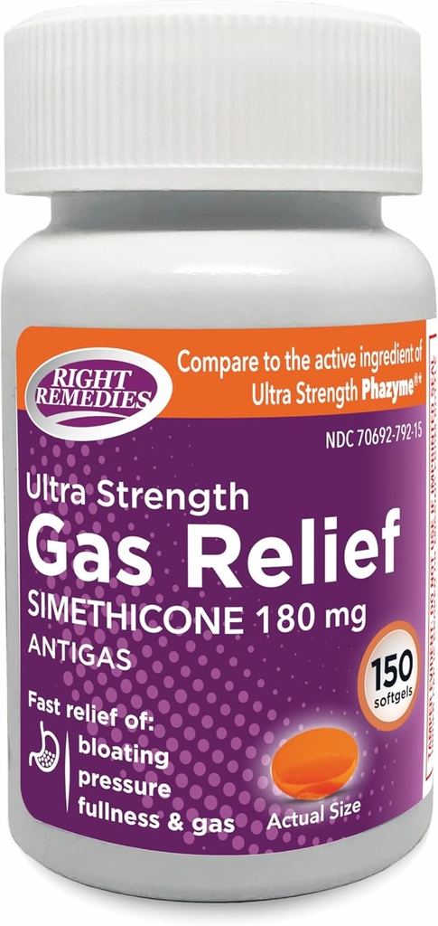 Relief de gaz Ultra Putere, 180 mg Simethicone (150 Softgels) Ajutor rapid de gaz, Blooting, Fullness, Discomfort dureros, Comparativ cu Ultra Putere Phazyme Ingredient activ