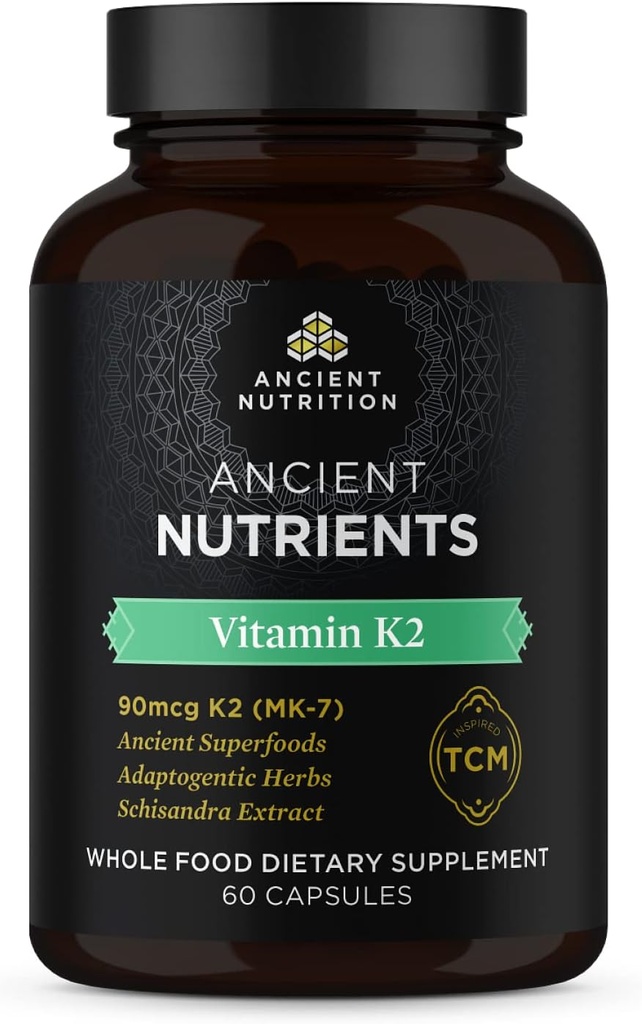 Nutriţie antică Supliment vitamina K2, K2-90mcg K2, Herburi adaptogene, Enzyme activat, Suportă Funcţia cardiovasculară, Paleo & Keto Friendly, 60 Capsule