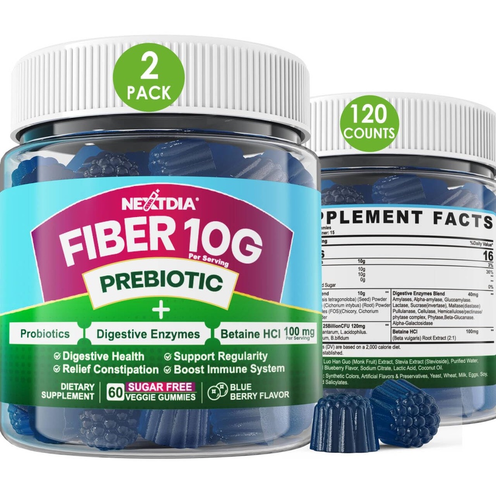 Fibră de mestecat pentru adulți, Sugar Free 10g Prebiotic Fiber Supliment cu enzime digestive, Probiotice & 100mg Betaina pentru Digestive & Gut Health și Regula Bowel Movement, Vegan, Gelatină gratuit,120ct