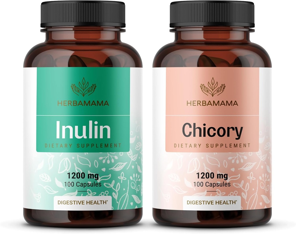 HERBAMAMA Inulin și kit de cicoare - Bundle de 1200 mg Inulin Fiber & 1200 mg capsule rădăcină de cicoare - Vegan, non-GMO, Gelatină - 2 ambalaj