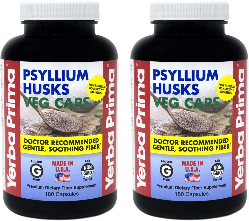 Yerba Prima Psyllium Husks Veg Caps - 180 Conte (2 Pack) (625mg) - Vegan, Non-GMO, Gluten Free, Colon Cleanser, Daily Fiber Supplement for Gut Health & Regularity