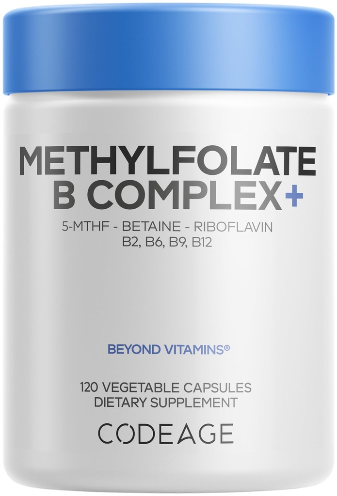 Codeage Metilfolat B Suplimente complexe - 5 MTHF, metilcobalamină 1000mcg Vitamină metilată B12, Riboflavină, Betaină, Vitamine B6, Methylation Cycle MTHFR - 2 luni - 120 capsule