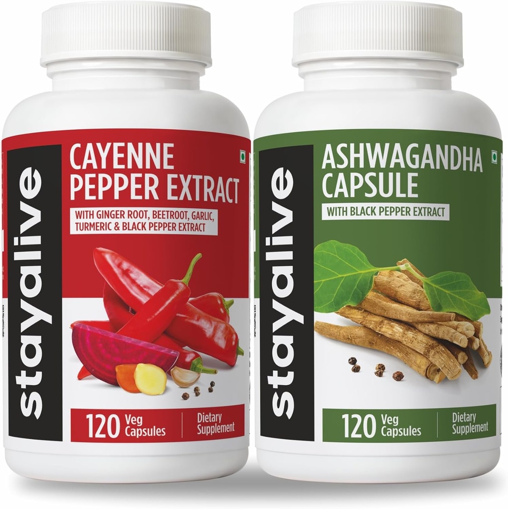 STAY ALIVE Cayenne and Ashwagandha Bundle w/Black Pepper Extract capsule, 240 Vegan pastile, non-GMO & Gluten Free Ashwagandha Cayenne Pepper Supliment