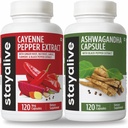 STAY ALIVE Cayenne and Ashwagandha Bundle w/Black Pepper Extract capsule, 240 Vegan pastile, non-GMO & Gluten Free Ashwagandha Cayenne Pepper Supliment