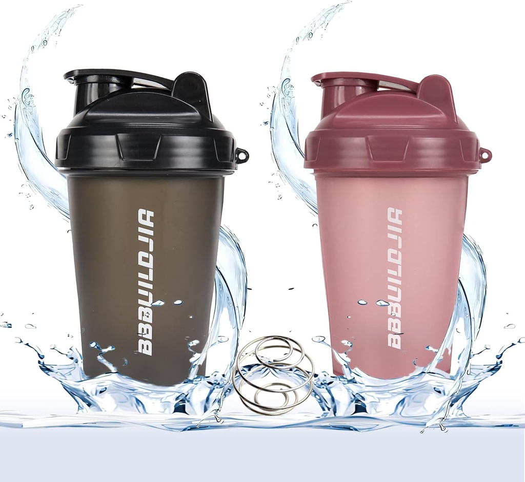 2 PACK Shaker Sticla Holds până la 17oz, Blending Ball Whisk, Portabil Pre Antrenament Proteine băutură Cupa, Mixes Cocktails Smoothies Shakes, BPA Free & Dishwasher Seif negru/Pink