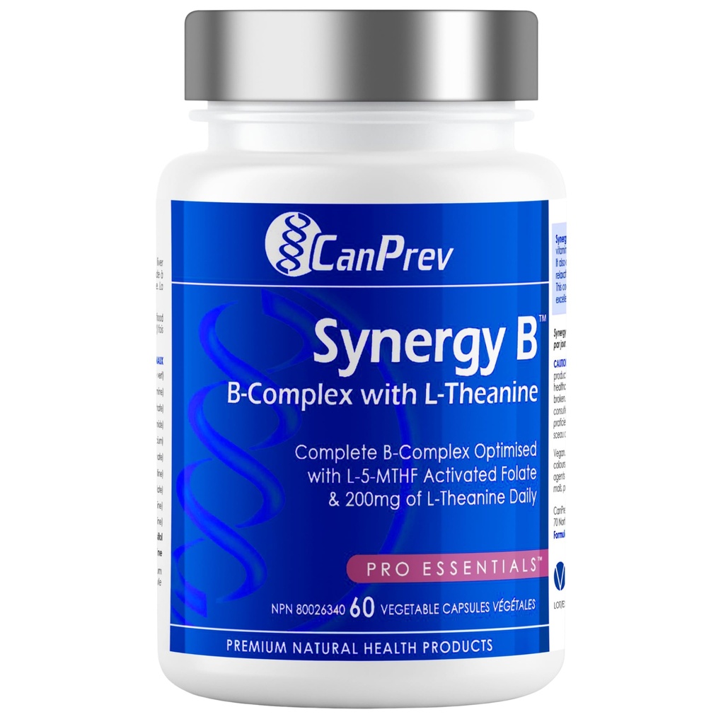 CanPrev Synergy B Complex cu L-Theanin 60 capsule 30-zi de aprovizionare - Promovarea relaxării mentale, îmbunătățirea energiei, claritate cognitivă și corp & minte - Vegan, non-GMO și gluten-liber