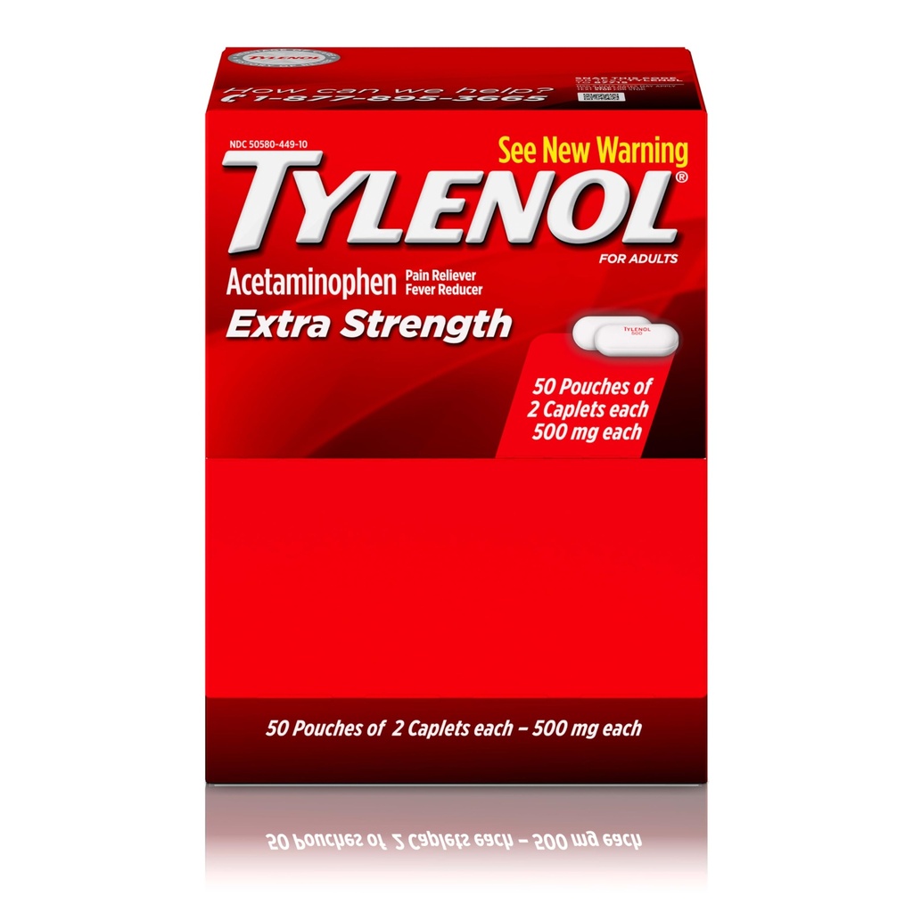 Tylenol Extra Putere Acetaminofen Caplete, 500 mg, Reducere durere & febră pentru dureri de cap, dureri de spate, dureri de dinți, Crampe menstruale & durere, Pachete de călătorie-prietenos, 2-caplete, 50 Conte