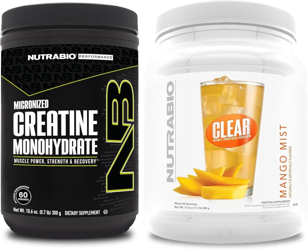 NutraBio Creatin Monohidrat, Nearomatizat, (300 g) și Clear Whey Proteine Izolat, (Mist Mango Mist) Supliment Bundle 