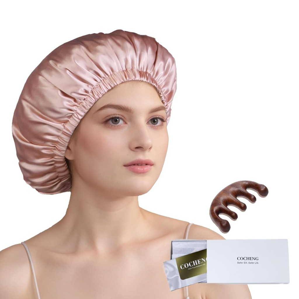 100% Mulberry Silk Bonnet pentru femei care dorm par lung - dublu strat de somn Cap - Silk Sleep Bonnet cu Elastic Stay On Head (Pink, Large)