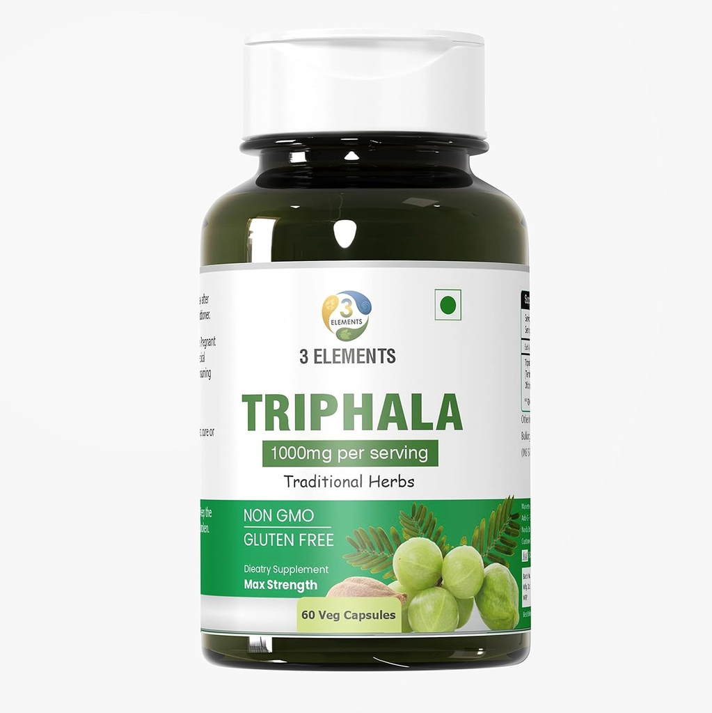3elements Triphala 1000mg I 60 Capsule pentru detoxifiere zilnică, Curățare, & Întinerire, Digestion & Colon Support, Immune System Support, Adaptogen, Nutrient Dense, Vegan, Gluten-Free