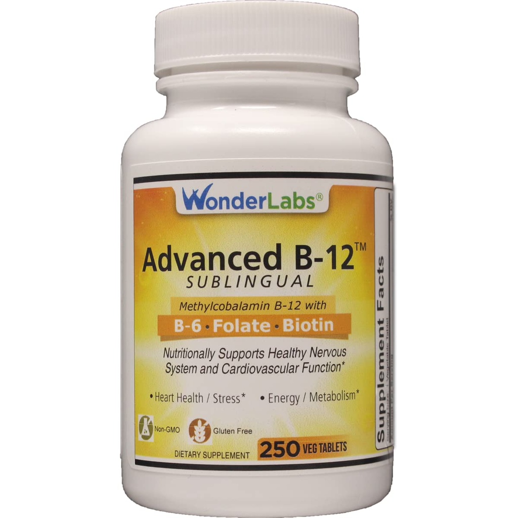Laboratoare de minuni Vitamina B12 sublinguala (1000 mcg), B6 (5 mg), Acid folic (400 mcg) si Biotina (25mcg) - Formulata cu metilcobalamină vitamina B-12 (250 comprimate)