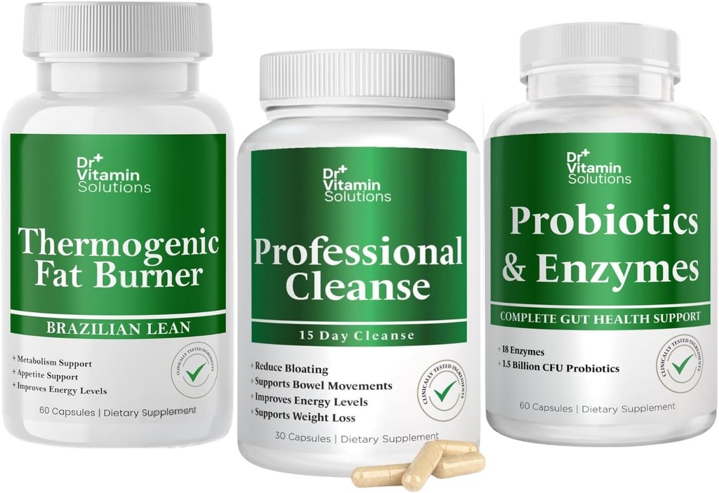 DR VITAMIN SOLUŢII Termogenic Fat Burner & Professional Detoxe Cleanse Bundle - 15 zile Cleanse pentru managementul greutăţii, sanatate guta, şi ajutor de balonare - 240 Capace