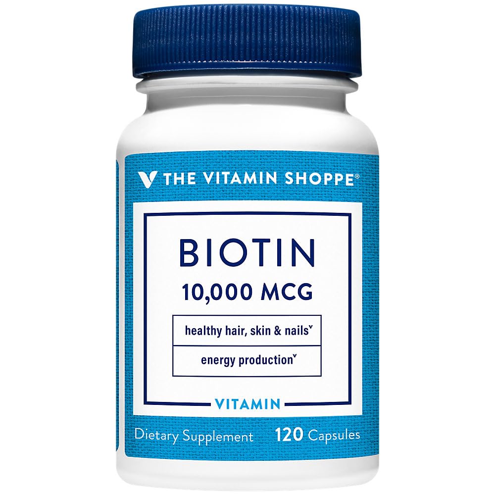 Vitamina Shoppe Biotin 1000MCG, Nutrient de sprijin metabolic pentru parul vibrant sanatos, sanatos Piele si unghii puternice, Productia de energie (120 capsule)