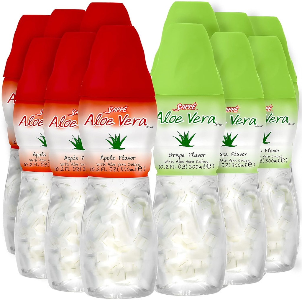 Suc de Aloe vera (Grape & Apple) Aloe vera bea cu bucăți mai mari de pastă de aloe pură (12 ambalaje) Suc pe bază de plante mare pentru hidratare și conține pastă mare de aloe. Aloe vera sucul este sănătos