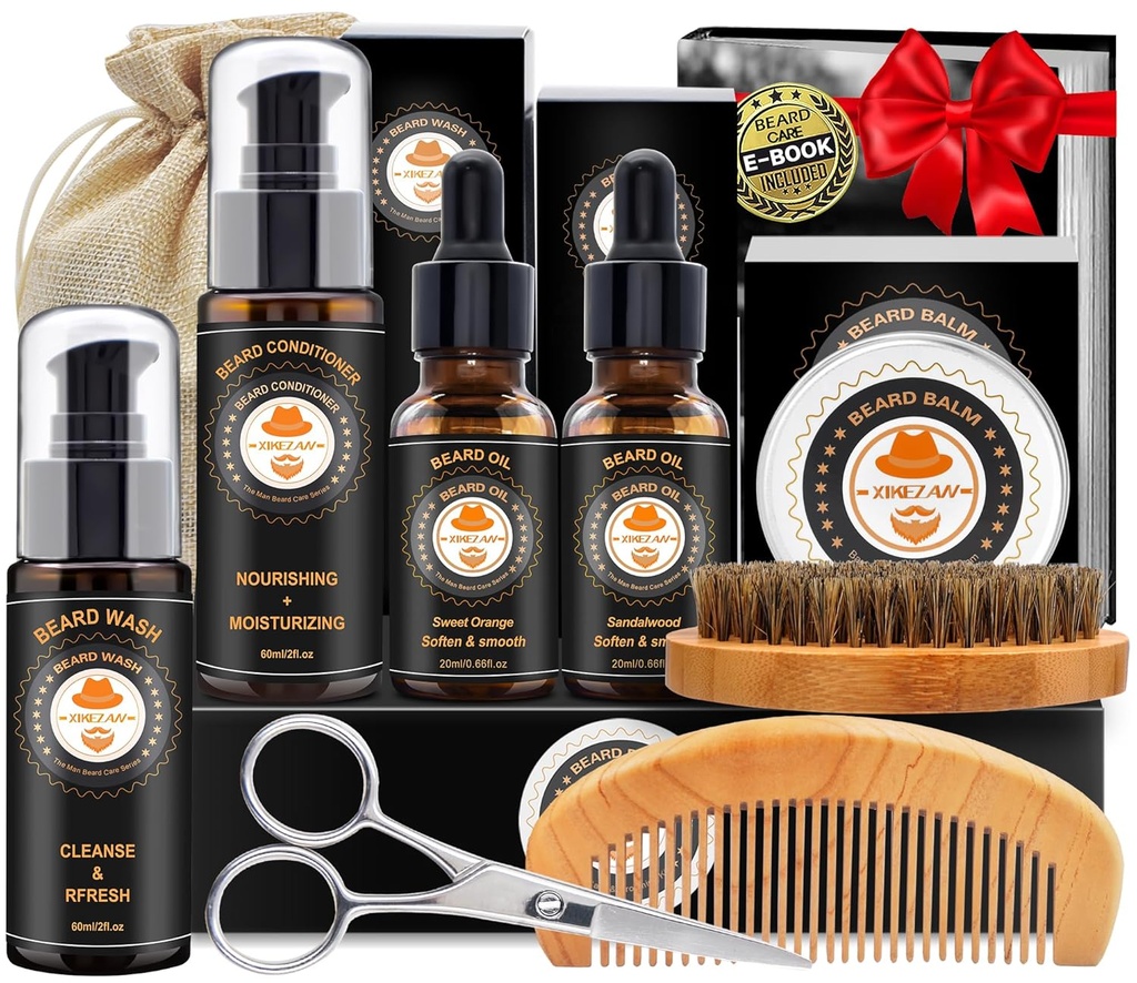 XIKEZAN Beard Kit pentru barbati Grooming & Care w/Beard Balsam, Spalatorie, Ulei, Balsam, Perie, Comb,Părinți de ziua de nastere Valentines Cadouri pentru barbati El tata Sotul lui Cadouri de Craciun Mens Stocking Stuffers