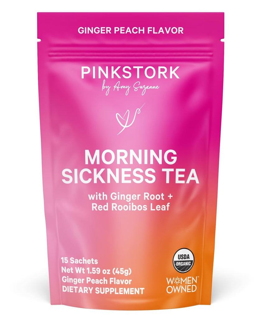 Pink Stork Organic Morning Boală Ceai de sarcină - ceai fierbinte sau cu gheaţă - arsuri la stomac prenatale, indigestie, şi suport constipaţie - Primul Trimester Sarcina trebuie să aibă - Peach ghimbir, 15 Sachete