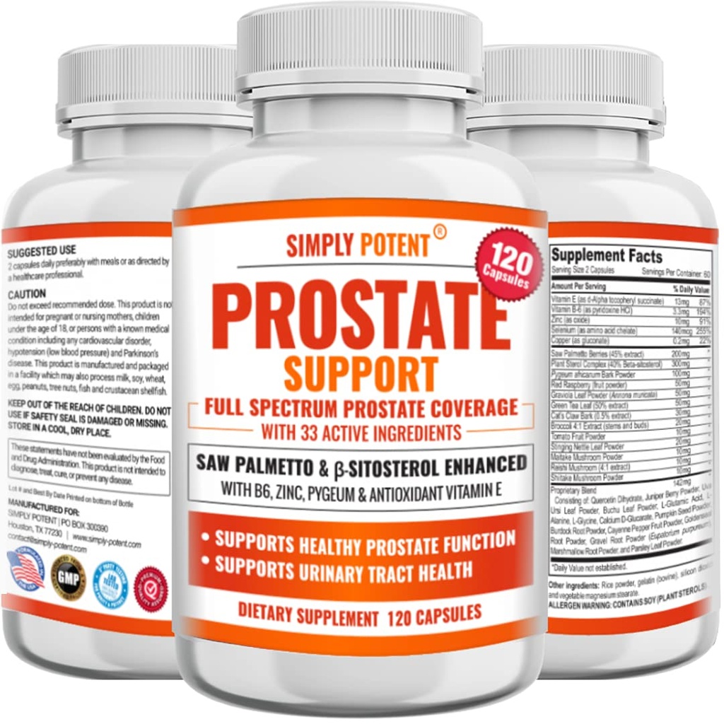 Suplimente de prostată pentru bărbaţi (120 capsule), Saw Palmetto Suport de sănătate prostată - 33 Vitamine & Herbs - Beta Sitosterol Plus B6, Seleniu & Zinc pentru urină sănătoasă Frecvenţă & flux şi somn adecvat